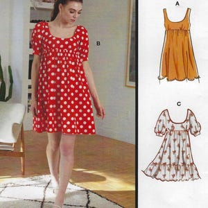 May include: A woman wearing a red polka dot dress with a square neckline and short, puffed sleeves. The dress is knee-length. The image also shows illustrations of two other dresses: a solid orange dress and a floral print dress.