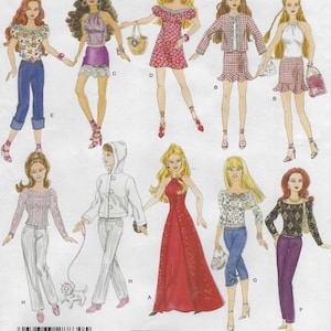 May include: An illustration of fashion doll clothing patterns. The designs include dresses, skirts, tops, and pants in various styles. The color palette includes red, pink, white, purple, and blue. The image also includes the text "Andrea Schewe".