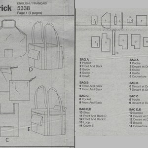 May include: A sewing pattern sheet from Butterick, model 5338, featuring illustrations of various bag designs. The sheet includes diagrams of different bag styles, with labeled parts and instructions for assembly. The text is in English and French.
