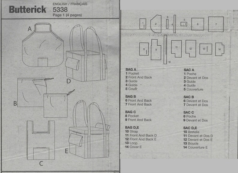 May include: A sewing pattern sheet from Butterick, model 5338, featuring illustrations of various bag designs. The sheet includes diagrams of different bag styles, with labeled parts and instructions for assembly. The text is in English and French.