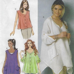 May include: Image of a sewing pattern featuring four different tunic tops. The tops are in various colors, including purple, coral, and green. Each top has a unique design, with features like pockets, button closures, and varying sleeve lengths. The image is a fashion illustration.