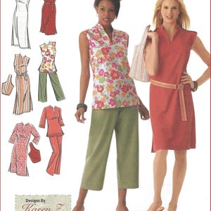 May include: A sewing pattern envelope featuring illustrations of sleeveless dresses, tunics, and trousers with various patterns and solid colors. The text Designs By Karen Z is printed at the bottom. Two models display a floral tunic with green trousers and a solid red dress.