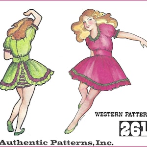 May include: A sewing pattern illustration featuring two figures wearing short dresses with puff sleeves and ruffled hems. One dress is lime green with purple trim, the other is magenta with green trim. Text reads: WESTERN PATTERNS 261 Authentic Patterns, Inc.