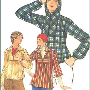 May include: A sewing pattern illustration featuring three tops. One is a blue, green, and white plaid hooded pullover with long sleeves. Another is a yellow collared pullover with long sleeves. The third is a red, yellow, and white striped pullover.
