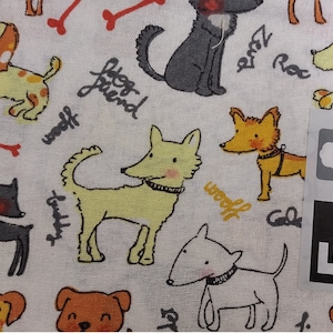 New item - 100% Cotton FQ Fabric Quarter - 18" x 21" Novelty Dog - Cartoon style Dogs on White background