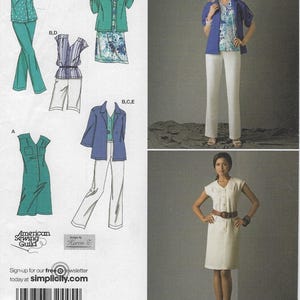 May include: A sewing pattern featuring various women's clothing designs. The designs include a button-down dress, blouses, jackets, and pants. The color palette includes teal, blue, and white. The pattern is from the American Sewing Guild.
