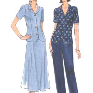 May include: A fashion illustration showing two outfits. The first is a light blue short-sleeved button-down jacket paired with a matching A-line skirt. The second is a dark blue short-sleeved collared shirt with a white star pattern and dark blue trousers.