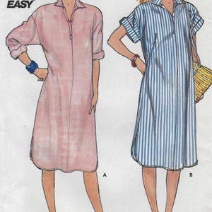 May include: Illustration of two women wearing shirt dresses. One dress is solid pink, the other is blue and white striped. The text "FAST & EASY" and "ALL SIZES INCLUDED" are visible.