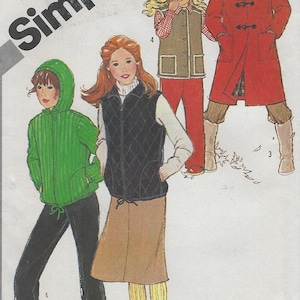 May include: A Simplicity sewing pattern envelope featuring illustrations of four outfits: a green hooded jacket with black pants, a black quilted vest over a white turtleneck with a brown skirt, a tan vest over a red shirt with red pants, and a red hooded coat.