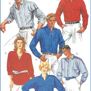 May include: A McCall's sewing pattern envelope for The Gap featuring illustrations of long-sleeve button-down shirts in red, blue, and blue-and-white striped patterns. The shirts have collars, front pockets, and are paired with white trousers.
