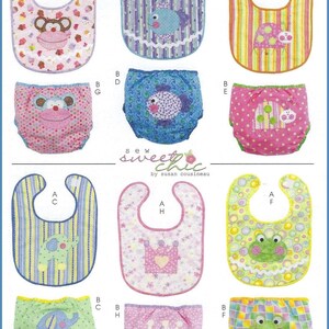 May include: A collection of baby bibs and diaper covers featuring various animal and shape patterns including monkeys, fish, ladybugs, elephants, crowns, and frogs, labeled with letters and the text sew sweet chic by susan cousineau.