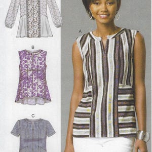 May include: Image of a woman wearing a sleeveless top with vertical stripes in shades of brown, white, and gray. The image also shows three different blouse patterns: a long-sleeved blouse with lace details, a purple floral print top, and a short-sleeved top.
