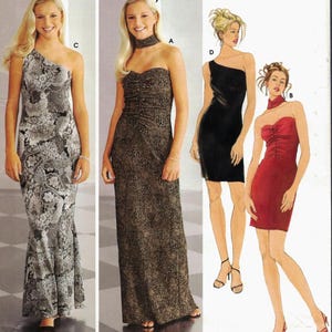 May include: A Jessica McClintock sewing pattern envelope featuring four dress designs: a floor-length one-shoulder black and white floral print dress, a floor-length strapless animal print dress with a choker, a short black one-shoulder dress, and a short red strapless dress with a choker.
