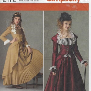 May include: Simplicity pattern 2172, size R5, featuring two Victorian-style costume designs. One dress is mustard-colored with white accents, and the other is burgundy with black and white striped details. The pattern includes sizes 14-22.