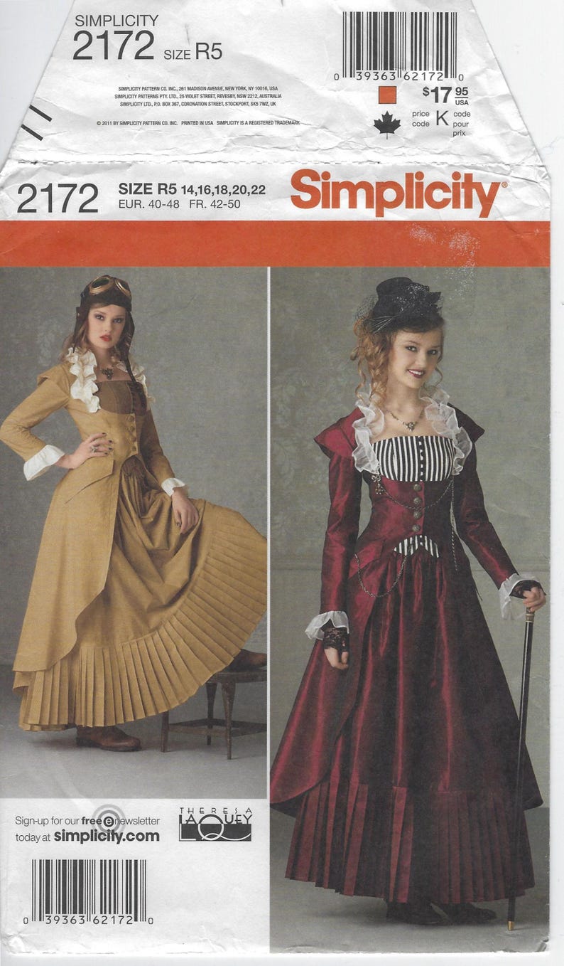 May include: Simplicity pattern 2172, size R5, featuring two Victorian-style costume designs. One dress is mustard-colored with white accents, and the other is burgundy with black and white striped details. The pattern includes sizes 14-22.