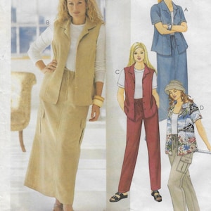 May include: A fashion catalog page featuring four different outfits. The outfits include a tan vest and skirt, a blue denim skirt suit, a red vest and pants, and a floral print shirt with khaki pants. The text "Womanstyle" is visible.