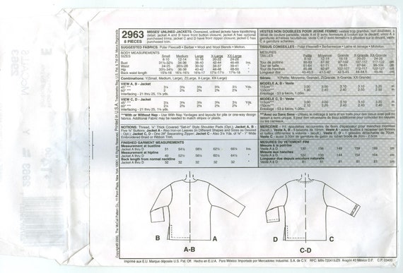 McCall/'s 2963 Misses/' Polargear Unlined Jackets 8 to 18 Sewing Pattern