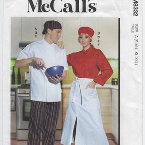 May include: McCall's sewing pattern M8332, size A (S-M-L-XL-XXL), for a chef's uniform. The pattern includes a white short-sleeved shirt with a red stripe pattern, and a white apron with a slit in the front. The pattern is $20.95.