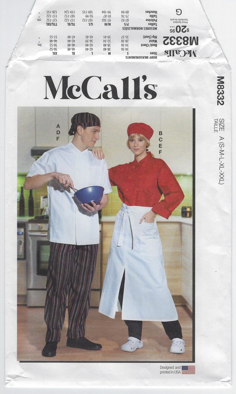 May include: McCall's sewing pattern M8332, size A (S-M-L-XL-XXL), for a chef's uniform. The pattern includes a white short-sleeved shirt with a red stripe pattern, and a white apron with a slit in the front. The pattern is $20.95.