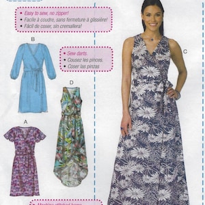 May include: Sewing pattern for beginner dresses. The image shows a woman wearing a long, sleeveless dress with a floral pattern. The pattern includes instructions for various wrap dresses, with details like darts and machine-stitched hems. The text says "learn to sew for fun".