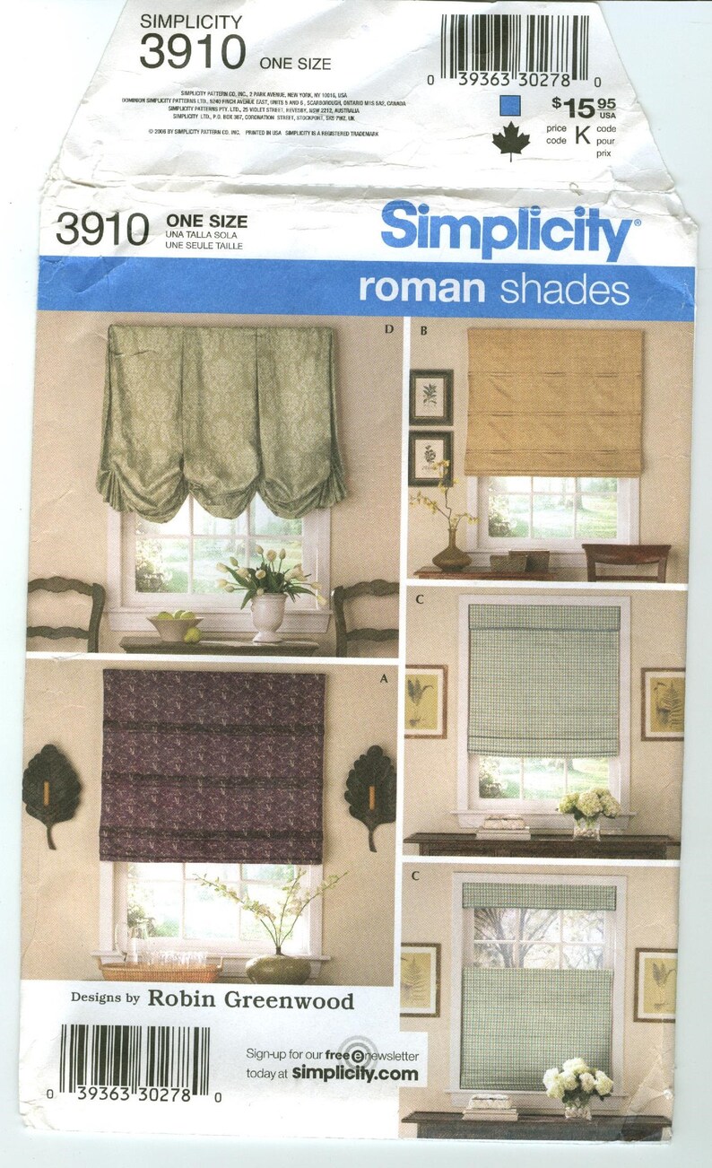 Roman Shades for 35 and 40 width windows 3910 Simplicity UNCUT sewing pattern