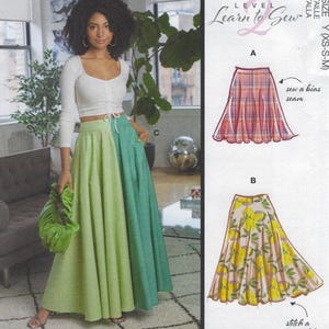 May include: A woman wearing a white crop top and a two-tone skirt in light green and teal. She holds a matching green clutch. The image also shows sewing pattern illustrations of skirts with plaid and floral designs. The text "Learn to Sew" is visible.