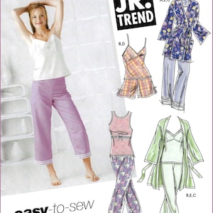 May include: A sewing pattern envelope labeled JR. TREND and easy-to-sew featuring illustrations of pajama sets, camisoles, pants, and robes in various colors and patterns, including plaid, floral, and solid designs with lace trim details.