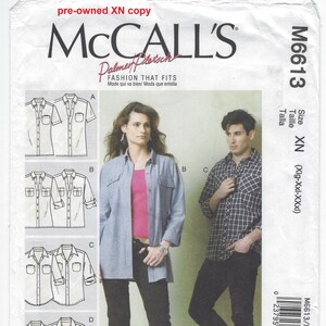 May include: McCall's M6613 sewing pattern featuring shirt designs. The pattern includes diagrams of different shirt styles and body measurements in inches. The package is labeled "pre-owned XN copy."