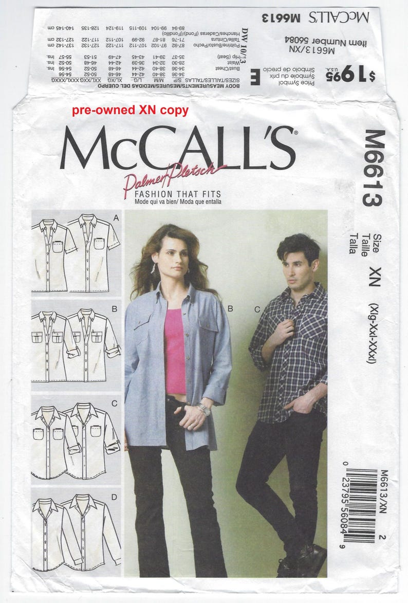 May include: McCall's M6613 sewing pattern featuring shirt designs. The pattern includes diagrams of different shirt styles and body measurements in inches. The package is labeled "pre-owned XN copy."