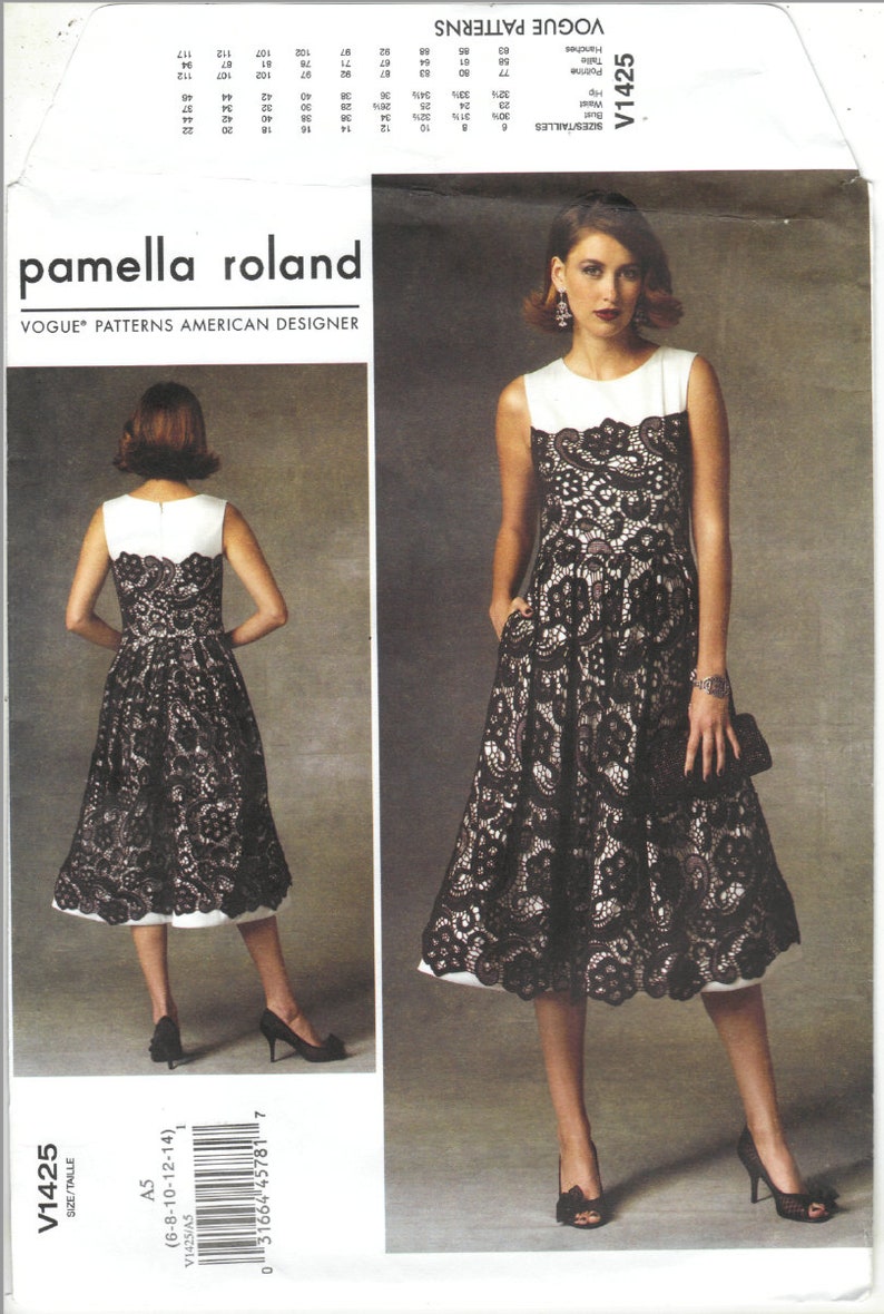 V1425 Vogue Pamella Roland Misses Lined Dress has pleated skirt whorsehair braid on hemline Sz A5 6-14 /& E5 14-22 new sewing pattern