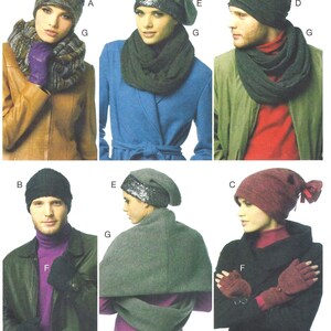 May include: A collection of headwear and accessories including beanies, infinity scarves, and fingerless gloves. The items feature various textures, including solid knit, sequined bands, and multi-colored patterns, labeled with letters A through G.