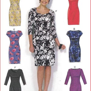 May include: A sewing pattern illustration featuring six variations of a knee-length sheath dress labeled A through F. Designs include a yellow floral print, a solid red dress, a blue abstract print, a purple solid, a rose print, and a black polka dot.