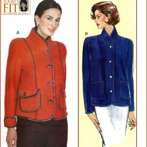 May include: A sewing pattern envelope titled TODAY'S FIT BY SANDRA BETZINA featuring two jacket variations. Jacket A is orange with dark trim and toggle closures. Jacket B is a blue illustration with buttons and patch pockets.