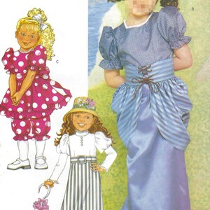 May include: A sewing pattern illustration featuring three outfits: a pink polka-dot dress with bloomers, a white blouse with a striped skirt and floral hat, and a blue gingham-bodice dress with a striped corset-style waist and matching hat.