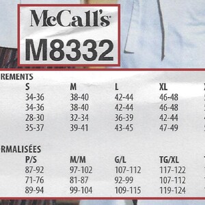May include: A McCall's sewing pattern with the number M8332. The pattern includes size charts for bust, waist, and hip measurements in inches. The chart also includes measurements in centimeters for sizes in French, German, and Italian.