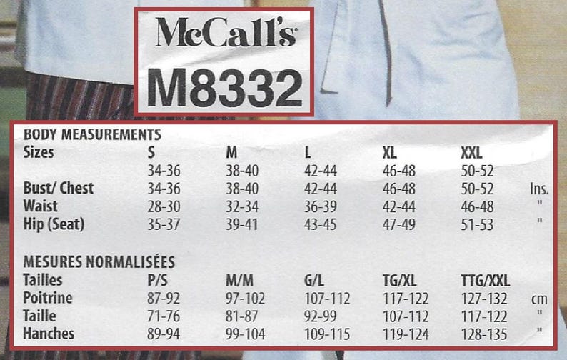 May include: A McCall's sewing pattern with the number M8332. The pattern includes size charts for bust, waist, and hip measurements in inches. The chart also includes measurements in centimeters for sizes in French, German, and Italian.