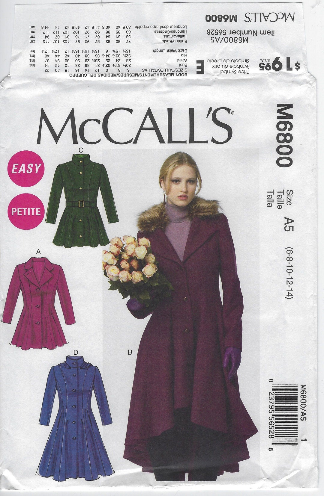 M6800 Mccall's Misses Flared Coats Belt and Detachable - Etsy