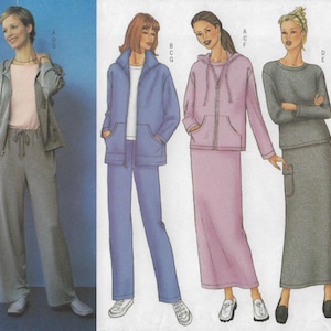May include: Image of four women modeling casual outfits. The outfits include a gray sweat suit, a blue track suit, a pink hooded jacket and skirt set, and a gray sweater and skirt set. Each outfit is paired with sneakers or loafers.