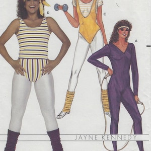 May include: An illustration of three women in 1980s workout attire. One wears a striped leotard with leg warmers and a headband. Another is in a yellow leotard with a white shirt and leg warmers. The third is in a purple jumpsuit with a jump rope.