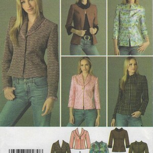 May include: A sewing pattern featuring various jacket designs. The image showcases several finished jackets in different colors and styles, including a tweed blazer, a pink jacket, and a floral print jacket. The pattern includes a barcode with the number 39363 29270 8.