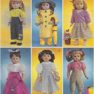 May include: A collection of six dolls dressed in various outfits. The dolls are wearing a yellow raincoat and hat, a purple wrap top and floral skirt, a pink skirt, a blue and white checkered dress, a yellow top and blue pants, and a pink top and tan pants.