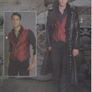 May include: A black long coat with multiple buttons and a red vest. The vest has a decorative pattern and buttons. The outfit is paired with black pants and boots. A smaller image shows the vest and black shirt.