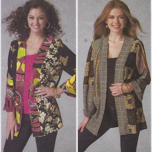 May include: Two women modeling patterned jackets. One jacket features a floral and geometric design with black, pink, yellow, and white accents. The other jacket has a geometric pattern in brown, gold, and black.