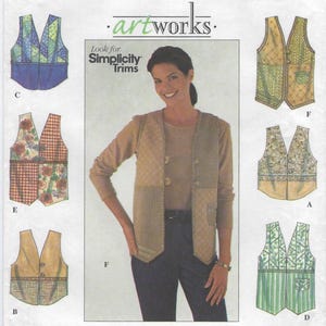 8630 Simplicity Artworks - Misses Lined Vests with V-neck has closures, length and trimming variations - uncut pattern - sz P(12-16)
