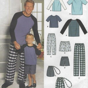 May include: A sewing pattern envelope featuring illustrations of raglan sleeve shirts, plaid pajama pants, shorts, and drawstring bags. The cover displays a shirt with black sleeves and a purple body paired with plaid pants, alongside technical line drawings.