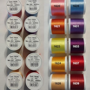 May include: A collection of colorful thread spools, each labeled with a unique number and details. The spools are in various shades, including red, orange, yellow, green, blue, and purple. Each spool contains 400 meters of 100% polyester thread.