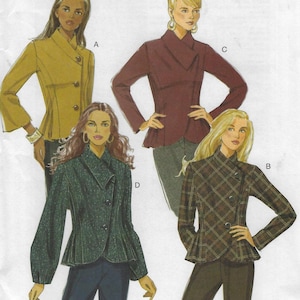 May include: Four different versions of a women's jacket with a unique asymmetrical collar. The jackets are shown in mustard yellow, burgundy, green, and plaid.
