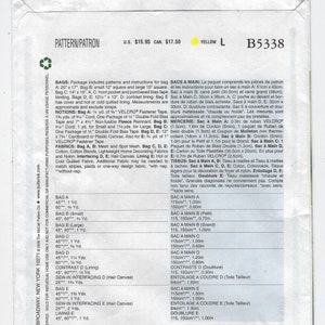 May include: A sewing pattern envelope with the Butterick Pattern logo, featuring instructions for various bag designs. The envelope includes measurements in inches and fabric requirements, with a price of $15.95.