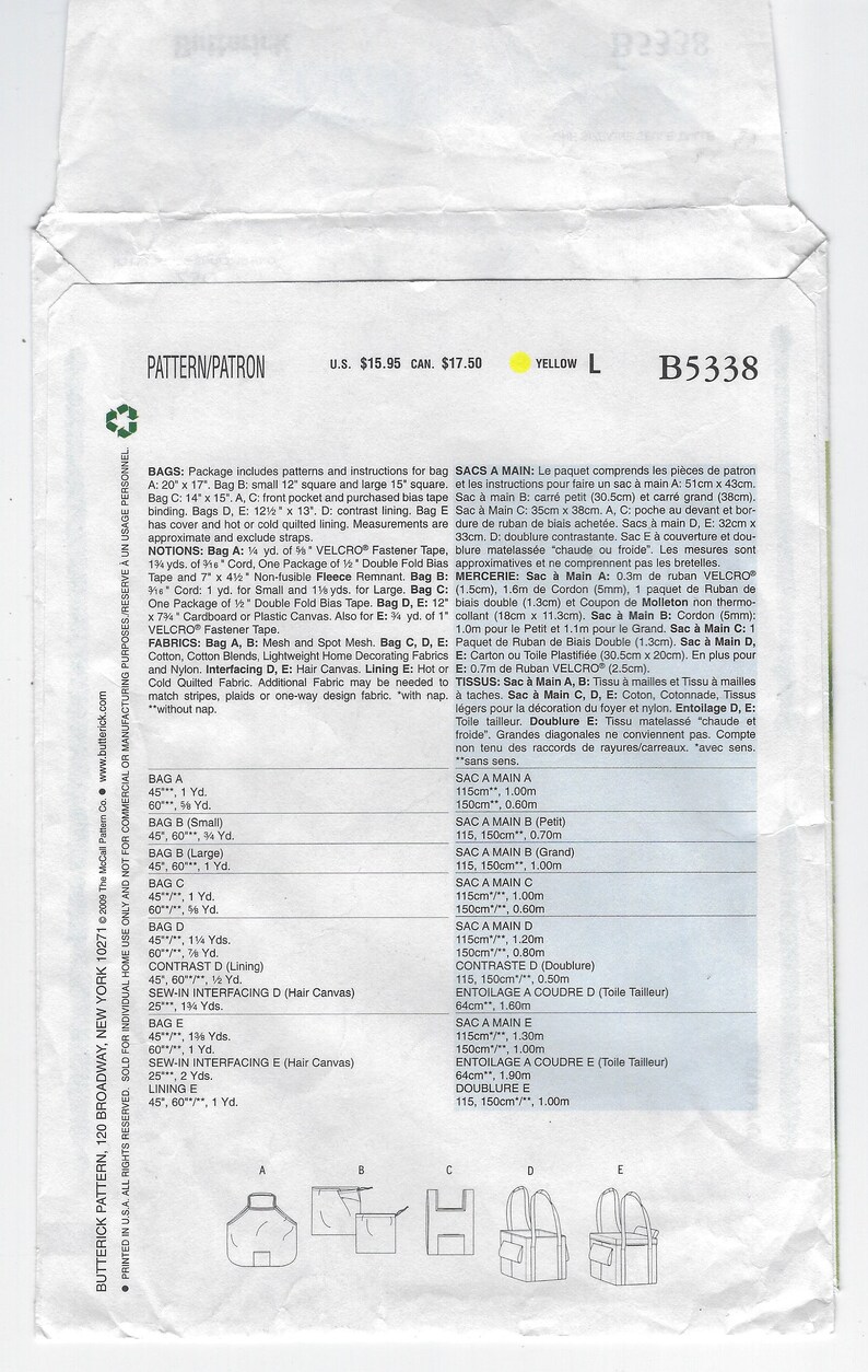 May include: A sewing pattern envelope with the Butterick Pattern logo, featuring instructions for various bag designs. The envelope includes measurements in inches and fabric requirements, with a price of $15.95.