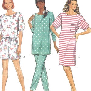 May include: A sewing pattern illustration titled FAST&EASY featuring three loungewear designs: a floral print short-sleeve top and shorts set, a long-sleeve polka dot tunic with matching pants, and a short-sleeve striped knee-length dress with a pocket.